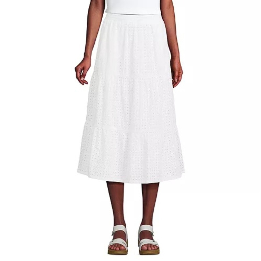 Lands' End Poplin Eyelet Skirt White Sz S Midi Cottagecore Prairie Coastal Boho